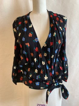 Womens, Top, MADEWELL, Black, Red, White, Baby Blue, Green, Viscose, Floral, XXS, V-neck, Snap Button at Center Bust, Button at Waist, Tie Side, Long Sleeve