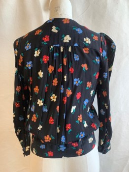 Womens, Top, MADEWELL, Black, Red, White, Baby Blue, Green, Viscose, Floral, XXS, V-neck, Snap Button at Center Bust, Button at Waist, Tie Side, Long Sleeve