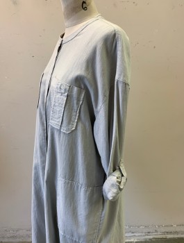 Womens, Dress, Long & 3/4 Sleeve, JAMES PERSE, Lt Gray, Cotton, Solid, B:39, XL, W:31, Twill/Chambray, Shirt Dress with Buttons From Round Neck to Hem, Long Sleeves with Loop at Elbow to Hold Folded Up Sleeves, Knee Length, 4 Patch Pockets