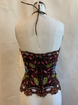 Womens, Top, NO LABEL, Brown, Multi-color, Silk, Sequins, Floral, S, V-neck, Self Tie Halter, Zip Back, Colorful Embroidery & Sequin Detail