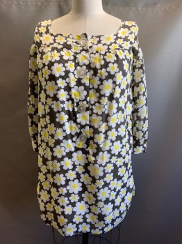 NO LABEL, Gray, White, Yellow, Polyester, Floral, L/S, Scoop Neck, Button Front,