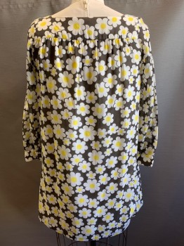 NO LABEL, Gray, White, Yellow, Polyester, Floral, L/S, Scoop Neck, Button Front,