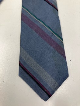 Mens, Tie, POUR LES HOMMES, Slate Blue with Purple/Black/Teal/Silver Different Sized Diagonal Stripes