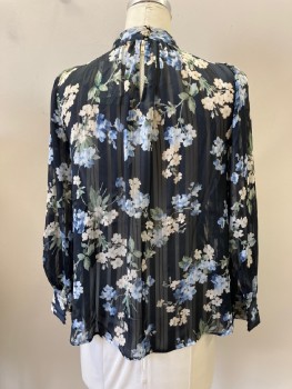 Womens, Blouse, H&M, Midnight Blue, Cream, Lt Blue, Dk Green, White, Polyester, Floral, Stripes - Vertical , M, Stand Collar, L/S, 3 Btns At Back with Keyhole, Sheer