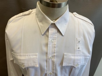 Mens, Fire/Police Shirt, JAGUAR BY CONQUEROR, White, Polyester, Rayon, Solid, Slv:35, N:17.5, Long Sleeve Button Front, Collar Attached, 2 Pockets with Button Flap Closures, Epaulettes at Shoulders