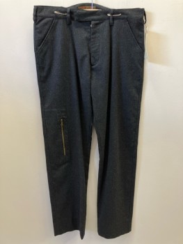 KATHERINE HAMNETT, Charcoal Gray, Wool, Heathered, F.F, Zip Front, Belt Loops, 4 Pckts,