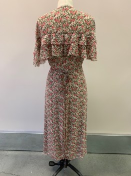 BARNEYS NY, White, Lt Pink, Pink, Green, Polyester, Floral, V-N, Hook & Eye Front Wrap Around Dress, Ruffles Over Bust & On Sleeves, Hem Below Knee