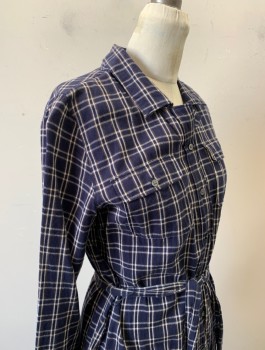 Womens, Dress, Long & 3/4 Sleeve, BANANA REPUBLIC, Navy Blue, White, Brown, Cotton, Plaid - Tattersall, Sz.6, Flannel, Long Sleeves, Button Front, Collar Attached, Shift Shirt Dress, 2 Pockets with Flaps at Chest, Hem Above Knee, **With Matching Bell