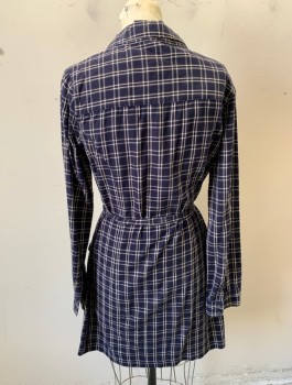 Womens, Dress, Long & 3/4 Sleeve, BANANA REPUBLIC, Navy Blue, White, Brown, Cotton, Plaid - Tattersall, Sz.6, Flannel, Long Sleeves, Button Front, Collar Attached, Shift Shirt Dress, 2 Pockets with Flaps at Chest, Hem Above Knee, **With Matching Bell