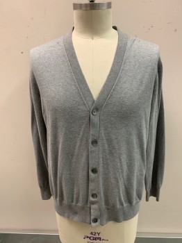 Mens, Cardigan Sweater, BROOKS BROTHERS, Lt Gray, Cotton, Solid, XL, V-N, Button Front,