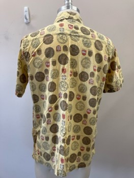 Mens, Shirt, DONEGAL, Ch:38, M, Faded Mustard, Brown Medallion/Red Shield with Lion Etc. C.A., B.F., S/S, 2 Pckts,