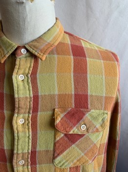 LEVI'S, Rust Orange, Turmeric Yellow, Orange, Cotton, Plaid, Flannel Twill, Button Front, Collar Attached, 2 Flap Patch Pockets, Long Sleeves, Button Cuff