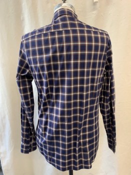 MICHAEL KORS, Navy Blue, Brown, White, Polyester, Plaid, Collar Attached, Button Front, Long Sleeves