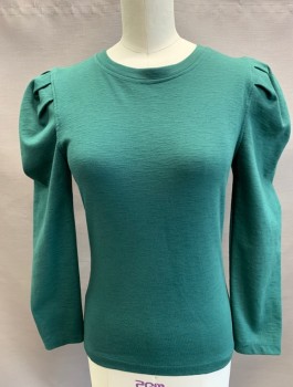 FREE PEOPLE, Forest Green, Cotton, Polyester, Solid, Jersey, Long Puffy Sleeves Gathered at Shoulders, Round Neck,  Pullover, Fitted
