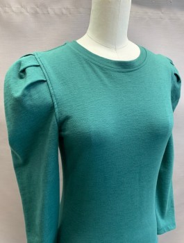 FREE PEOPLE, Forest Green, Cotton, Polyester, Solid, Jersey, Long Puffy Sleeves Gathered at Shoulders, Round Neck,  Pullover, Fitted