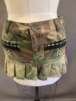 Womens, Skirt, Mini, TRIPP, Green, Black, Brown, Tan Brown, Cotton, Camouflage, L, Ruffled, Belt Loops Star Hardware with Pockets, Grommets and Lace.