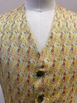 BAROTEX, Sage Green, Red, Yellow, Off White, Synthetic, Paisley/Swirls, V-N, SB. B.F., 2 Pckts, Gathered @ Back Waist