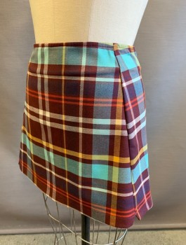Womens, Skirt, Mini, URBAN OUTFITTERS, Red Burgundy, Off White, Baby Blue, Mustard Yellow, Red, Polyester, Viscose, Plaid, M, Invisible Zipper In Back, Slight Flare