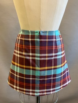 Womens, Skirt, Mini, URBAN OUTFITTERS, Red Burgundy, Off White, Baby Blue, Mustard Yellow, Red, Polyester, Viscose, Plaid, M, Invisible Zipper In Back, Slight Flare