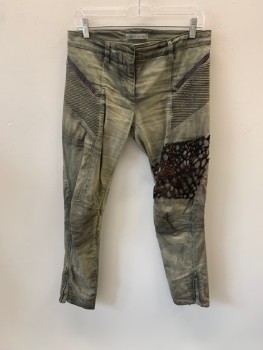 PIERRE BALMAIN, Olive Green, Cotton, Zip Front, Brown Leather Trim On Waist, Self Textured Stripe Panels, Fur Brown Cut Out Panel Above Knee, Zippers On Hem, 2 Back Pckts, Aged/Distressed