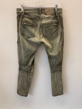 PIERRE BALMAIN, Olive Green, Cotton, Zip Front, Brown Leather Trim On Waist, Self Textured Stripe Panels, Fur Brown Cut Out Panel Above Knee, Zippers On Hem, 2 Back Pckts, Aged/Distressed