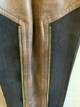 Mens, Sci-Fi/Fantasy Pants, DEVIL FASHION, Black, Brown, Synthetic, Elastane, Solid, 36/33, Zip Front, Decorative Metal Button Closure, Brown Belt Loops, Separate Brown Pckt with Spikes/ ZIipper/ Flap/ Metal Details/ Strapped Around Leg, 5 Pckts, Brown Knee Patches With Zipper Edges