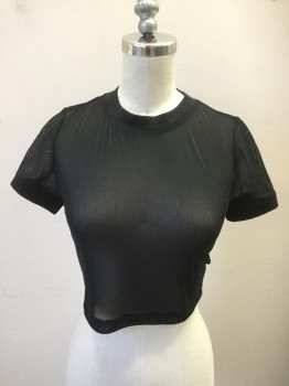 Womens, Top, URBAN OUTFITTERS, Black, Nylon, Spandex, Solid, XS, Sheer Mesh, S/S, Crop, Ribbed Knit CN,