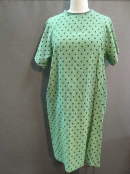 Unisex, Patient Gown, SHAMRON, Green, Navy Blue, Cotton, Novelty Pattern, M, Green Background with Navy Polka Dots and Novelty Prints, Raglan Short Sleeve,  1/2 Open Center Back, Velcro 1/2 Back