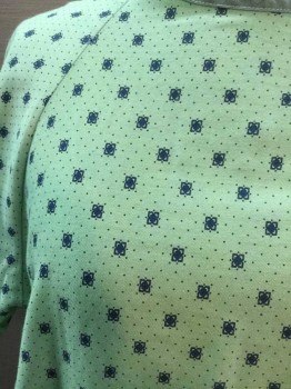SHAMRON, Green, Navy Blue, Cotton, Novelty Pattern, Green Background with Navy Polka Dots and Novelty Prints, Raglan Short Sleeve,  1/2 Open Center Back, Velcro 1/2 Back