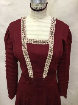 MTO, Maroon Red, Ivory White, Wool, Plaid-  Windowpane, Solid, Made To Order, Maroon Wool Challis In Windowpane Plaid Weave, Long Sleeves with Tucks and Button Detail, Ivory Floral and Ball Lace Along Neckline To Waist, Side Waist Belt Detail with Buttons, High Neck Ivory Net with Tucks Trimmed In Maroon Velvet At Top, Open Center Back Hook & Bars, Rosette At Waist Center Back, Condition Excellent