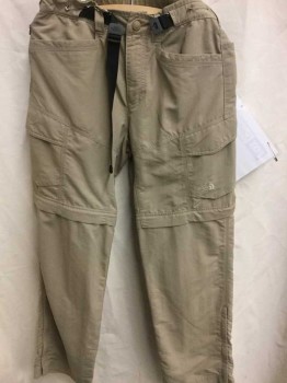 Mens, Casual Pants, THE NORTH FACE, Khaki Brown, Nylon, Polyester, Solid, 32, 30, Flat Front, 4 Pockets, Detachable Legs to Make Shorts, Mountain/Hiking Pants, Zipper Cuffs, Black Web Belt