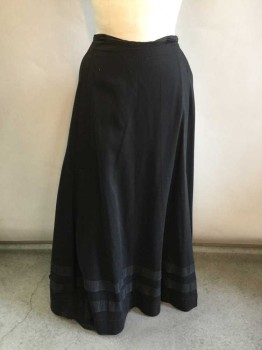 N/L, Black, Wool, Silk, Solid, 2 Vertical Pleats On Each Side Of Front, Pleated/Voluminous In Back, 2 Silk Satin Horizontal Stripe Trim Near Hem, Hook & Eye and Snap Closures At Center Back Waist,