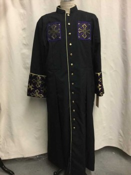 Unisex, Cassock, MURPHY ROBES, Black, Purple, Gold, Synthetic, Novelty Pattern, N 17.5, Black, Gold Button Front, Gold/ Purple Cross Print, Purple Braided Detail, Gold Rope Trim