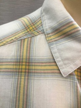 Womens, Blouse, UNIVERSAL THREAD, Off White, Yellow, Gray, Lt Blue, Pink, Cotton, Plaid-  Windowpane, S, Flannel, Long Sleeve Button Front, Collar Attached, 2 Pockets