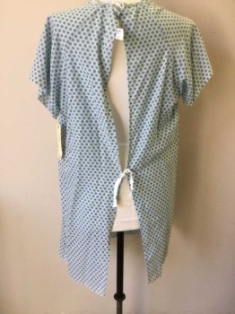 Unisex, Patient Gown, MEDLINE, Lt Blue, Black, Cotton, Novelty Pattern, L, Lt Blue Background with Black Circles with X's Through Pattern, White Twill Collar/Tie, Short Sleeve, Open Back, Double Tie Back