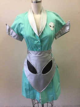 N/L, Mint Green, Silver, Black, Cotton, Faux Leather, Novelty Pattern, Solid, "Roswell" Waitress Set: Mint Green Cotton Blend, Short Sleeves, Snap Front, Silver Metallic Pleather Shawl Collar and Cuffs on Sleeves, with Silver Pleather Alien Head with Black Eyes Decal on Bust, Hem Above Knee