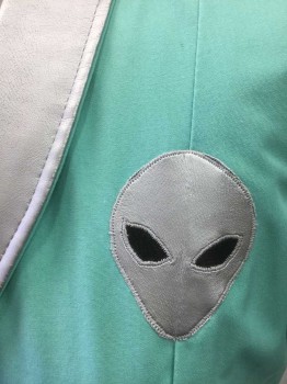 N/L, Mint Green, Silver, Black, Cotton, Faux Leather, Novelty Pattern, Solid, "Roswell" Waitress Set: Mint Green Cotton Blend, Short Sleeves, Snap Front, Silver Metallic Pleather Shawl Collar and Cuffs on Sleeves, with Silver Pleather Alien Head with Black Eyes Decal on Bust, Hem Above Knee
