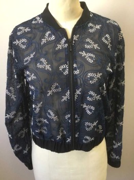 Womens, Casual Jacket, ABERCROMBIE & FITCH, Black, Royal Blue, White, Polyester, Paisley/Swirls, XS, Sheer Black Chiffon with Blue and White Embroidered Paisley Pattern, Zip Front, Solid Black Elastic Waist, Cuffs and Neck