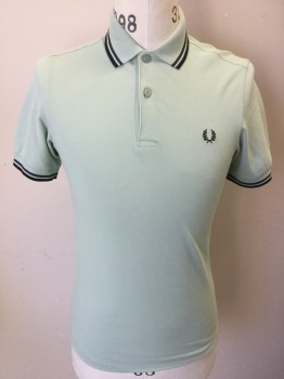 FRED PERRY, Mint Green, Navy Blue, Black, Cotton, Solid, Golden Mint W/navy & Black Stripes Trim Collar Attached, Short Sleeves, Cuffs,  2 Button Front,