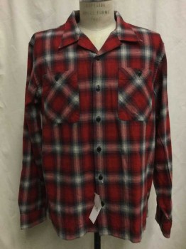 RRL, Red, Cream, Gray, Black, Cotton, Plaid, Red/ Cream/ Gray/ Black Plaid, Button Front, Open Collar Attached, Long Sleeves, 2 Pockets,