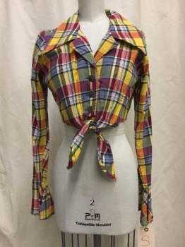 SPOT GIRL, Red, Yellow, Blue, Green, Black, Cotton, Plaid, Red/yellow/blue/green/black Plaid, Silver Flower Buttons, Collar Attached, Self Tie Waist, Cropped, Flare Sleeve Cuffs