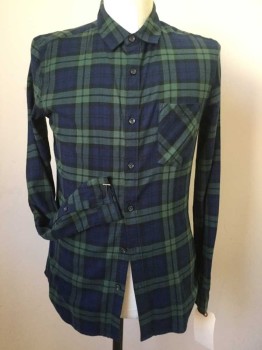 TOP MAN, Navy Blue, Jade Green, Cotton, Plaid, Button Front, Long Sleeves, Collar Attached, 1P
