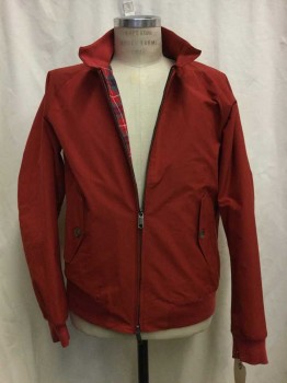 Mens, Casual Jacket, BARACUTA, Red, Cotton, Polyester, Solid, CH 42, Red, Zip Front, Collar Band with Two Buttons, Plaid Lining