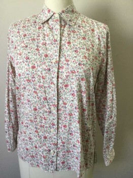 CHARTER CLUB, White, Pink, Lime Green, Periwinkle Blue, Black, Cotton, Floral, White with Multicolor Floral Pattern, Long Sleeve Button Front, Collar Attached