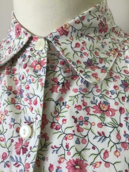 CHARTER CLUB, White, Pink, Lime Green, Periwinkle Blue, Black, Cotton, Floral, White with Multicolor Floral Pattern, Long Sleeve Button Front, Collar Attached