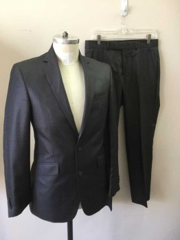 Mens, Suit, Jacket, KENNETH COLE, Pewter Gray, Lt Gray, Polyester, Rayon, Plaid, 36R, 2 Button Single Breasted, 1 Welt Pocket, 2 Pockets with Flaps, 2 Slit Vent at Back