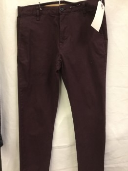 Mens, Casual Pants, ZARA, Aubergine Purple, Cotton, Solid, 29, 32, Flat Front, 2 Welt Pocket,