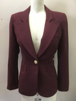 Womens, Blazer, SMYTHE, Maroon Red, Wool, Solid, 2, Single Breasted, 1 Gold Button, Peaked Lapel, 4 Pockets, Crepe