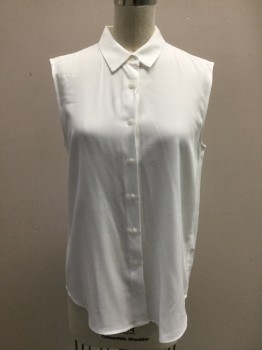 UNIQLO, White, Rayon, Polyester, Solid, Sleeveless, Button Front, Collar Attached