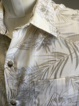 VAN HEUSEN, Cream, Taupe, Beige, Gray, Polyester, Tropical , Leaves/Vines , Cream with Muted Earth-toned Tropical Leaves Pattern, Short Sleeve Button Front, Collar Attached, 1 Patch Pocket